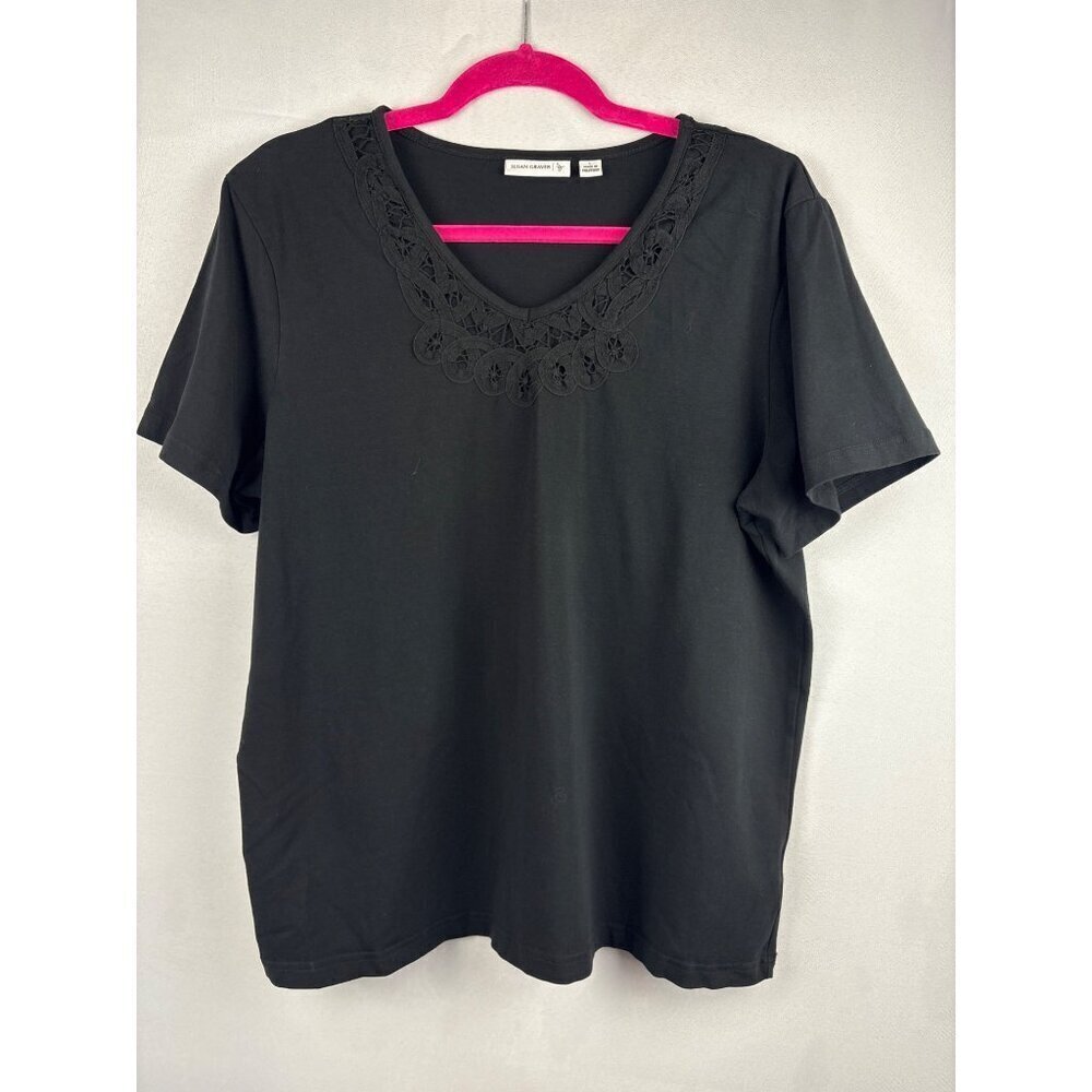 Susan Graver Black Lace Trim Cotton Blend T-Shirt L — image 2 of 5